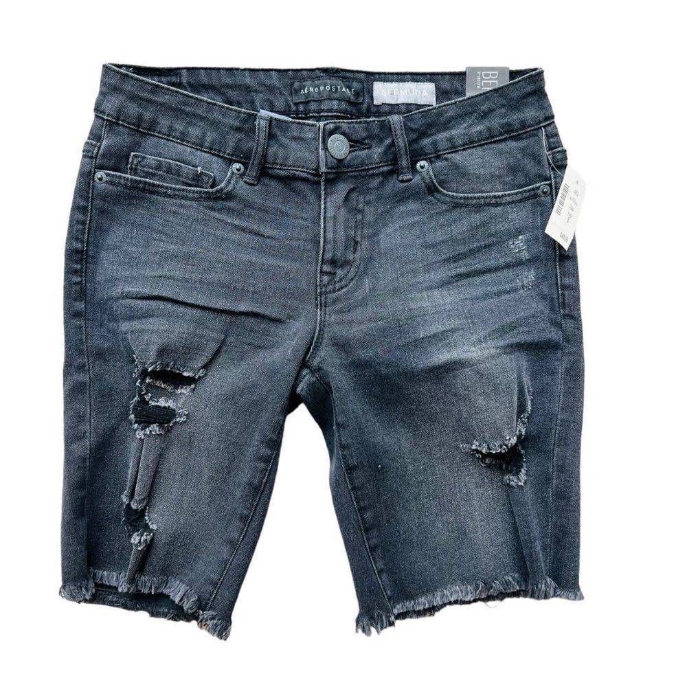 Aeropostale Destroyed Denim Bermuda Shorts Black Wash 4068 Women's 2